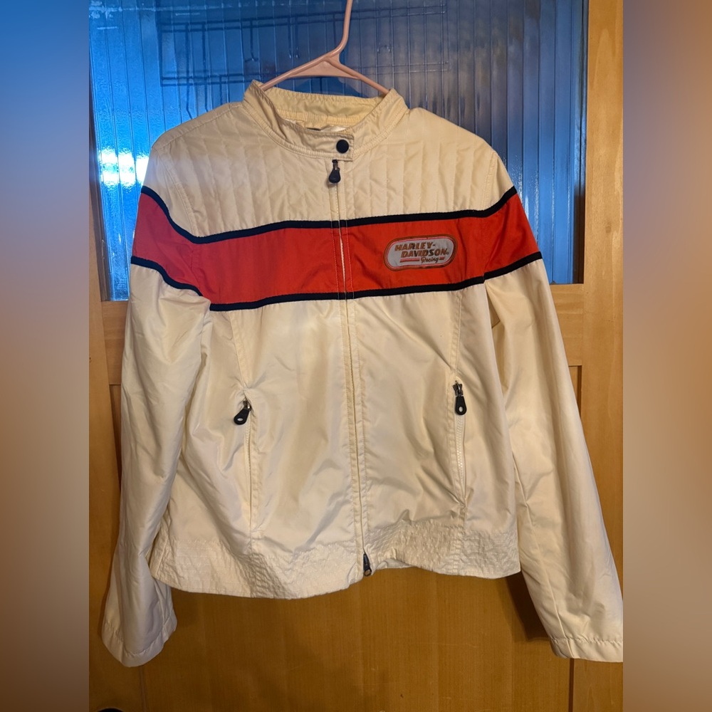 HARLEY DAVIDSON Racing Motor Cycles Cream Nylon Biker Jacket Coat Medium